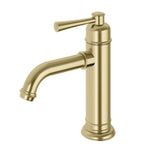 Phoenix Cromford basin mixer tap in brushed gold, single lever, side view on white background