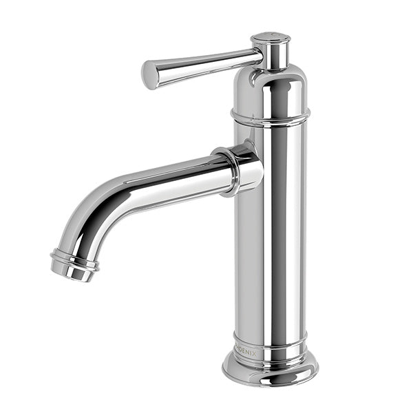 Phoenix Cromford chrome basin mixer tap with curved spout and single lever, front view on white background