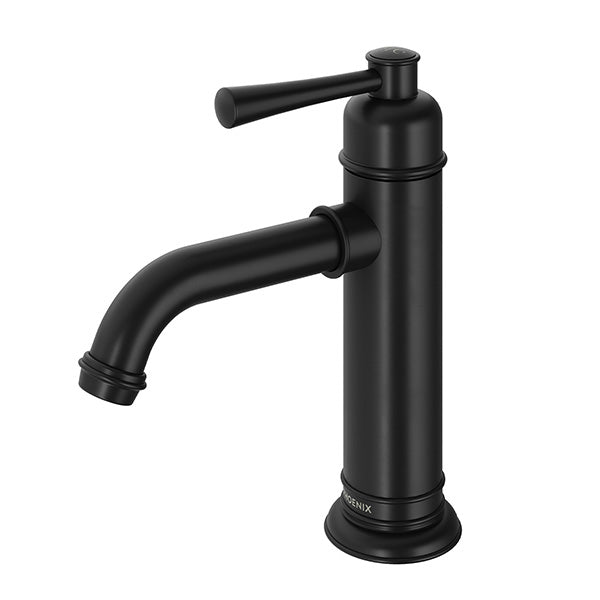 Phoenix Cromford basin mixer tap in matte black, with curved spout and single lever handle