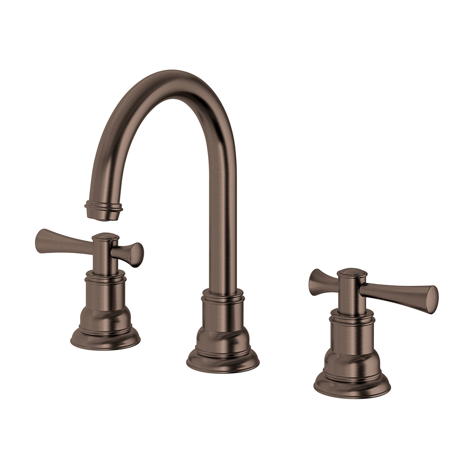 Phoenix Cromford three-piece basin set in brushed bronze with gooseneck spout and twin lever handles on white background