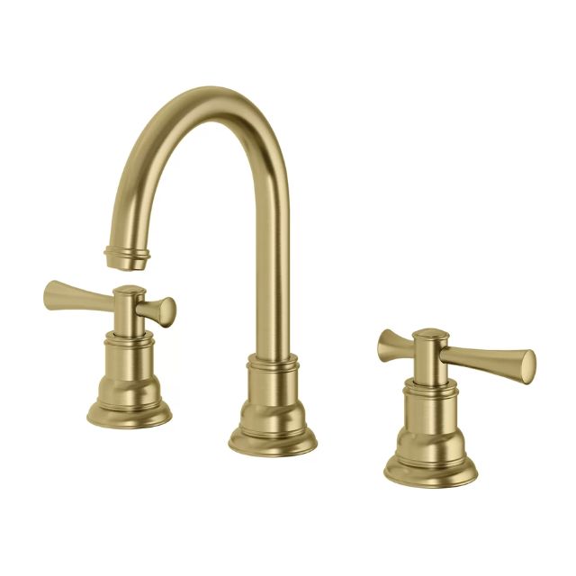 Phoenix Cromford brushed gold 3 piece basin set with curved spout and cross handles on white background