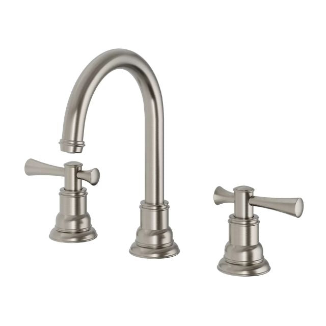 Phoenix Cromford 3-piece basin tap set in brushed nickel, with arched spout and matching hot and cold handles on white background