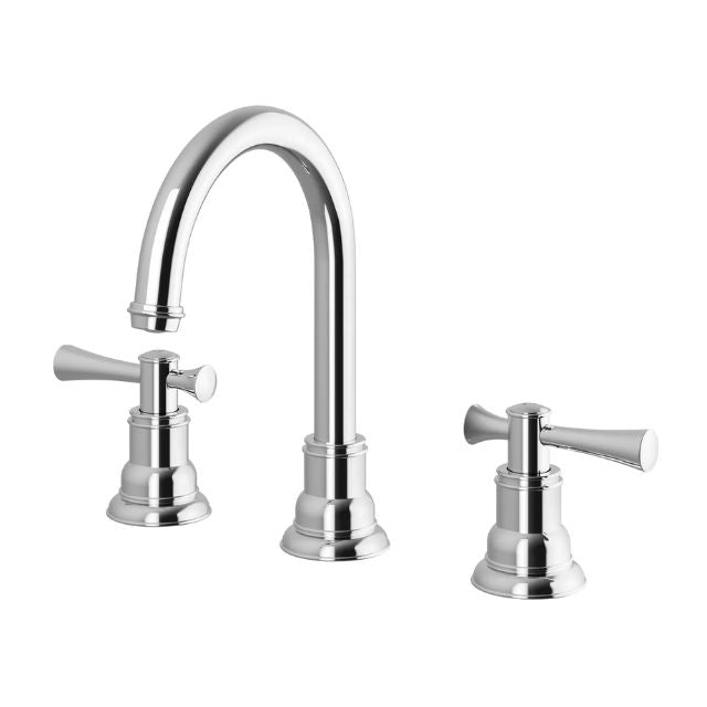 Phoenix Cromford chrome 3 piece basin set with curved spout and two cross handles, on white background