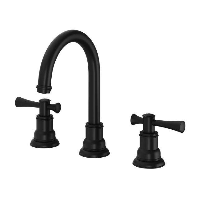 Phoenix Cromford 3-piece basin tap set in matte black, with curved spout and cross handles on white background