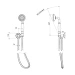 Phoenix Cromford brushed gold hand shower technical drawing with adjustable wall bracket and hose, front and side views