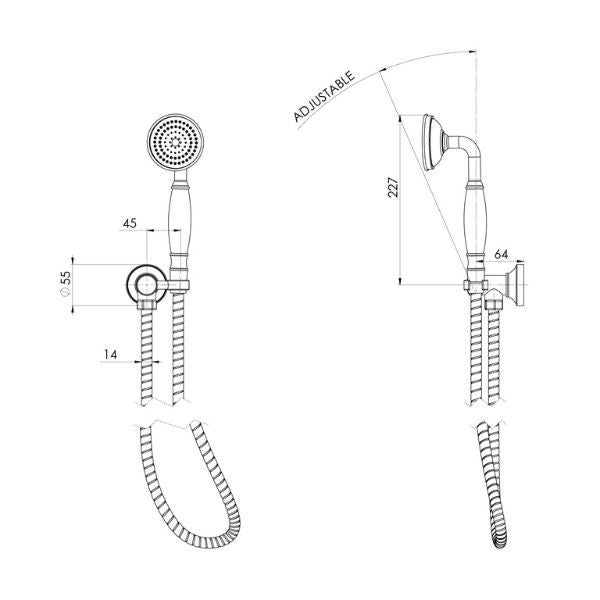 Phoenix Cromford brushed gold hand shower technical drawing with adjustable wall bracket and hose, front and side views