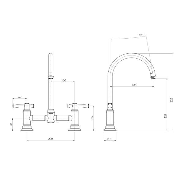 Phoenix Cromford exposed sink set technical drawing in brushed gold, showing wall-mounted 3-piece tap set with dimensions and swivel spout