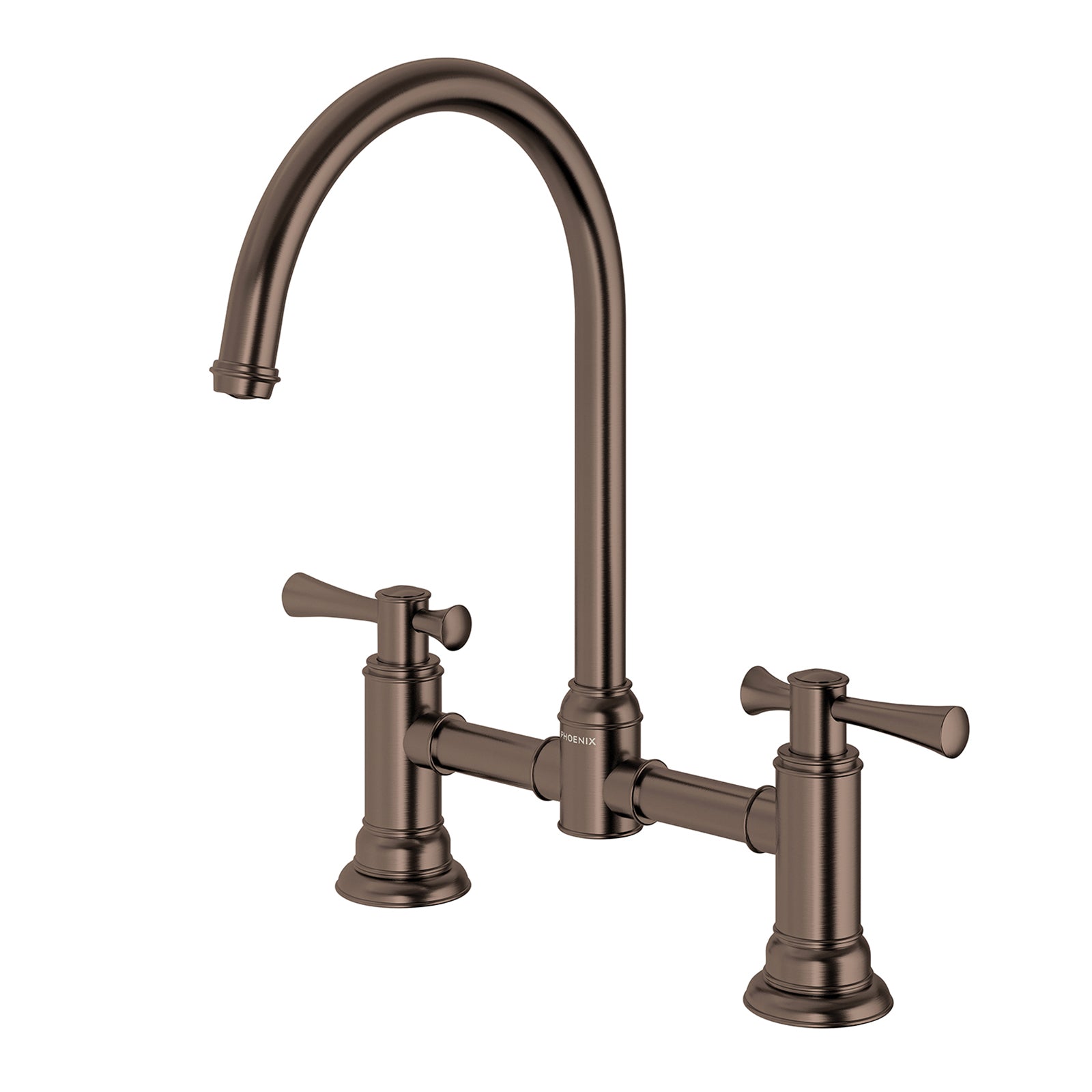 Phoenix Cromford exposed sink set in brushed bronze with twin handles and high arched swivel spout on white background