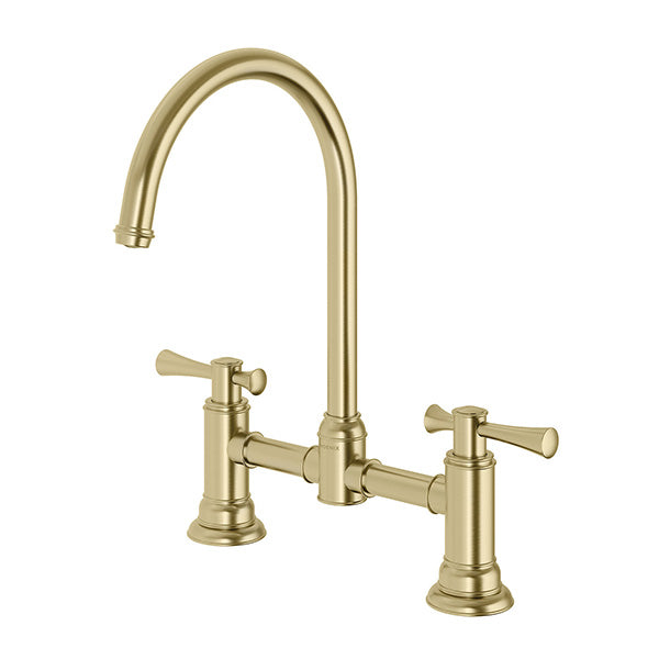 Phoenix Cromford exposed sink set in brushed gold with dual lever handles and swivel gooseneck spout, front view.
