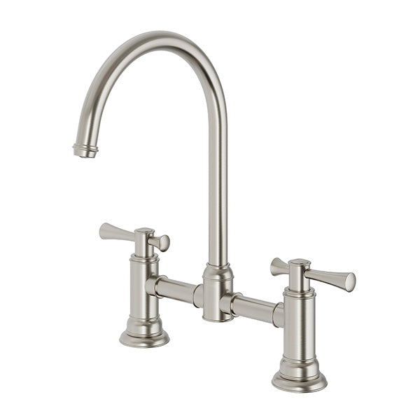 Phoenix Cromford exposed sink set in brushed nickel, with curved swivel spout and twin lever handles on white background