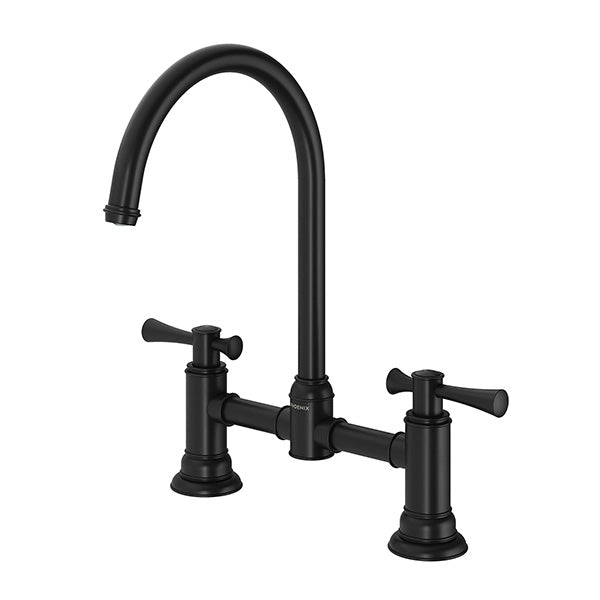 Phoenix Cromford exposed sink set in matte black, 3 piece tap set with high curved swivel spout and twin cross handles