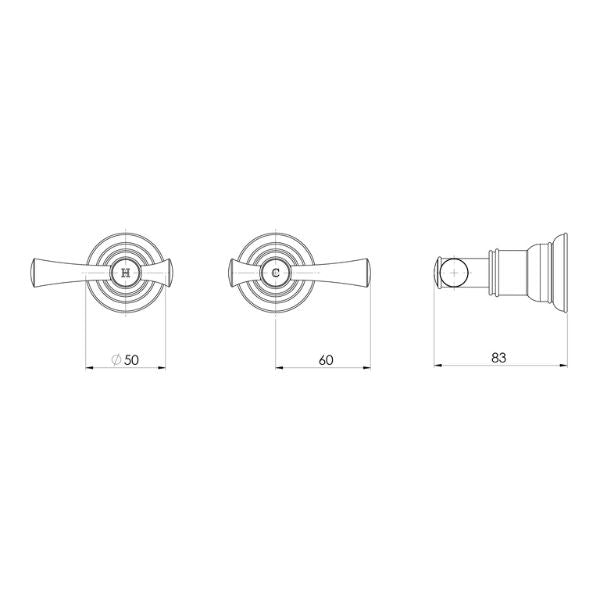 Technical drawing of Phoenix Cromford wall top assemblies, showing hot and cold taps with 50mm plates, 60mm mixer length and 83mm projection