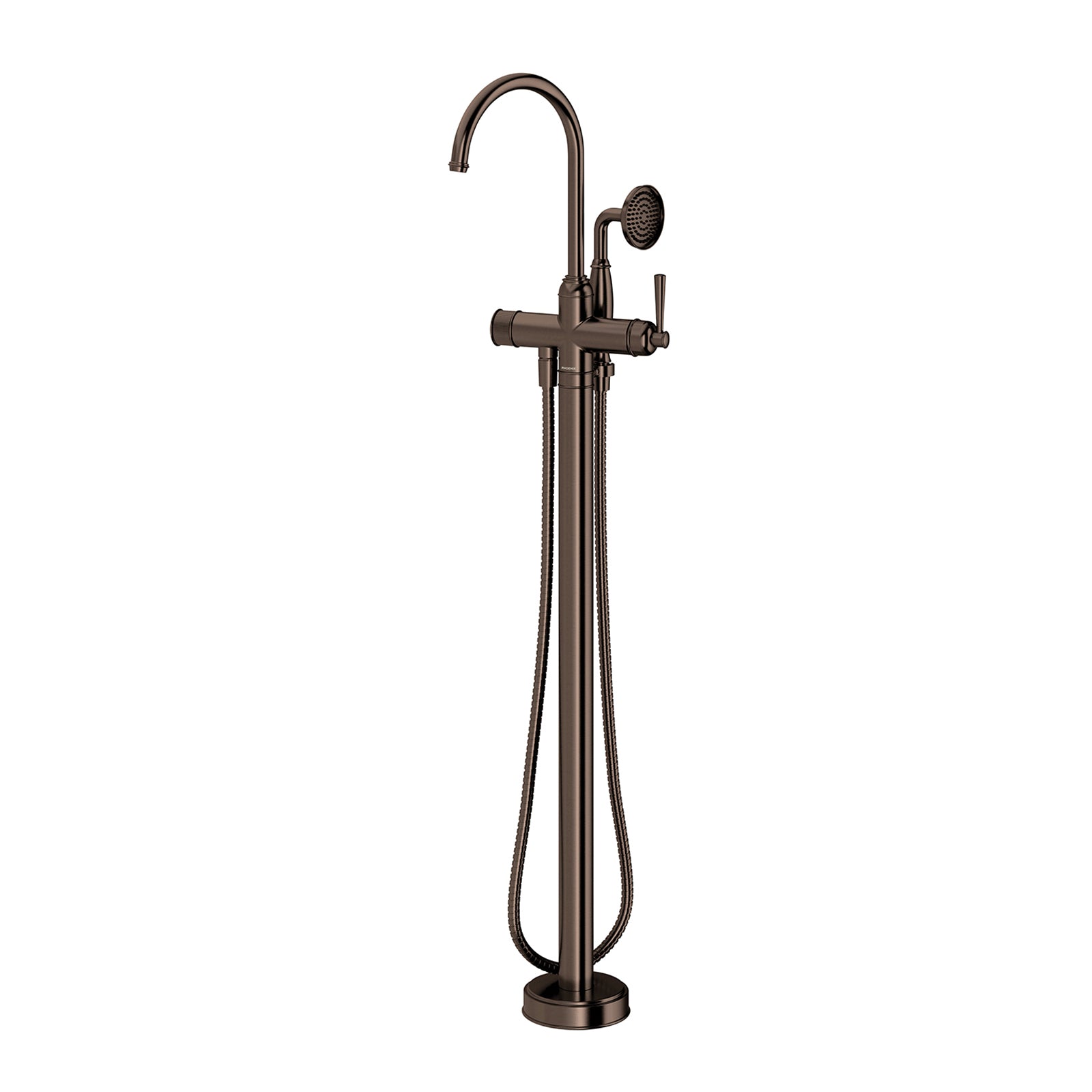 Phoenix Cromford floor-mounted bath mixer with hand shower in brushed bronze, isolated on white
