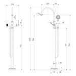 Technical drawing of Phoenix Cromford floor mounted bath mixer with hand shower, showing dimensions and side views