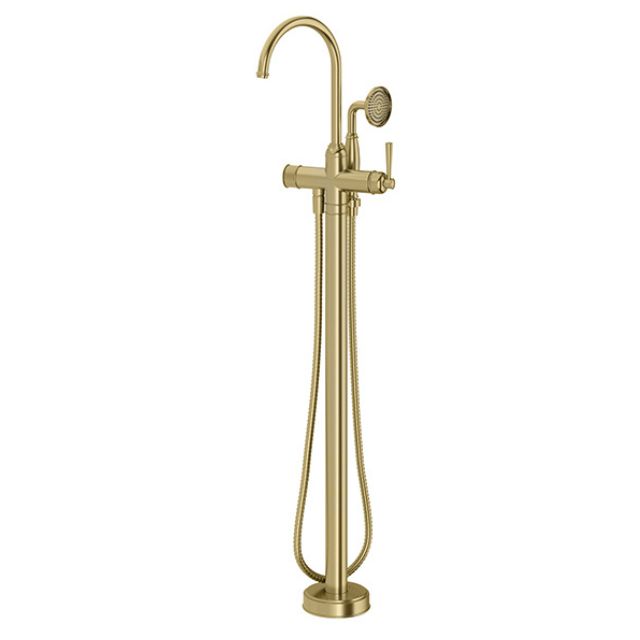 Phoenix Cromford floor-mounted bath mixer with hand shower, brushed gold, freestanding tapware with swivel spout