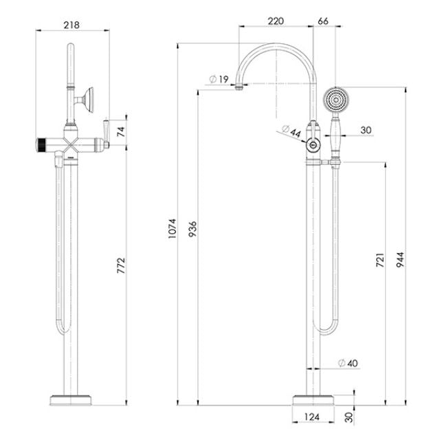 Technical drawing of Phoenix Cromford floor mounted bath mixer with hand shower in brushed nickel, showing dimensions and side/front views