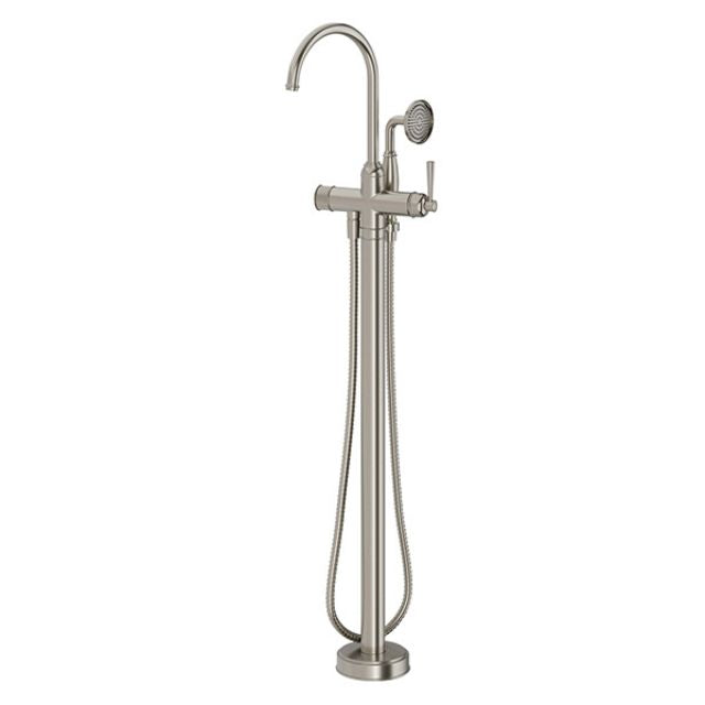 Phoenix Cromford floor mounted bath mixer with hand shower in brushed nickel, front view on white background