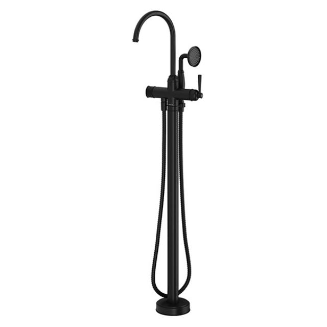 Phoenix Cromford floor mounted bath mixer with hand shower, matte black, freestanding tap with swivel spout and round handpiece