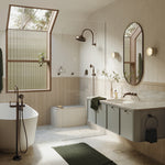 Bronze bathroom shelf in a styled ensuite, with timber-framed window and vanity shown in the background