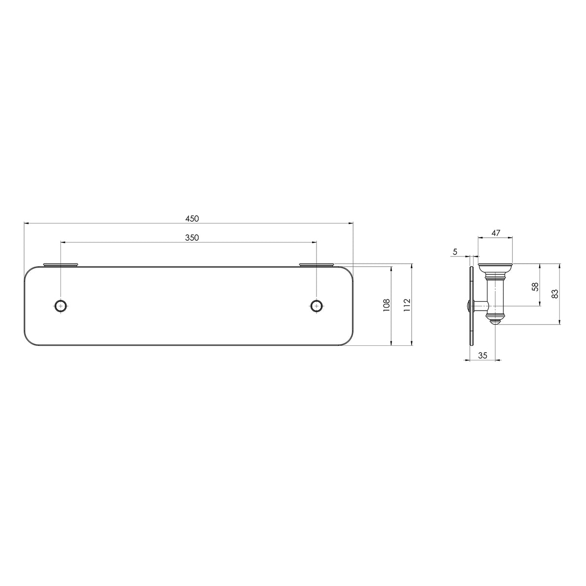 Technical drawing of Phoenix Cromford glass shelf, showing 450mm width and 112mm projection in brushed bronze finish