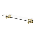 Phoenix Cromford 450mm glass bathroom shelf in brushed gold, with concealed wall brackets and clear tempered glass.