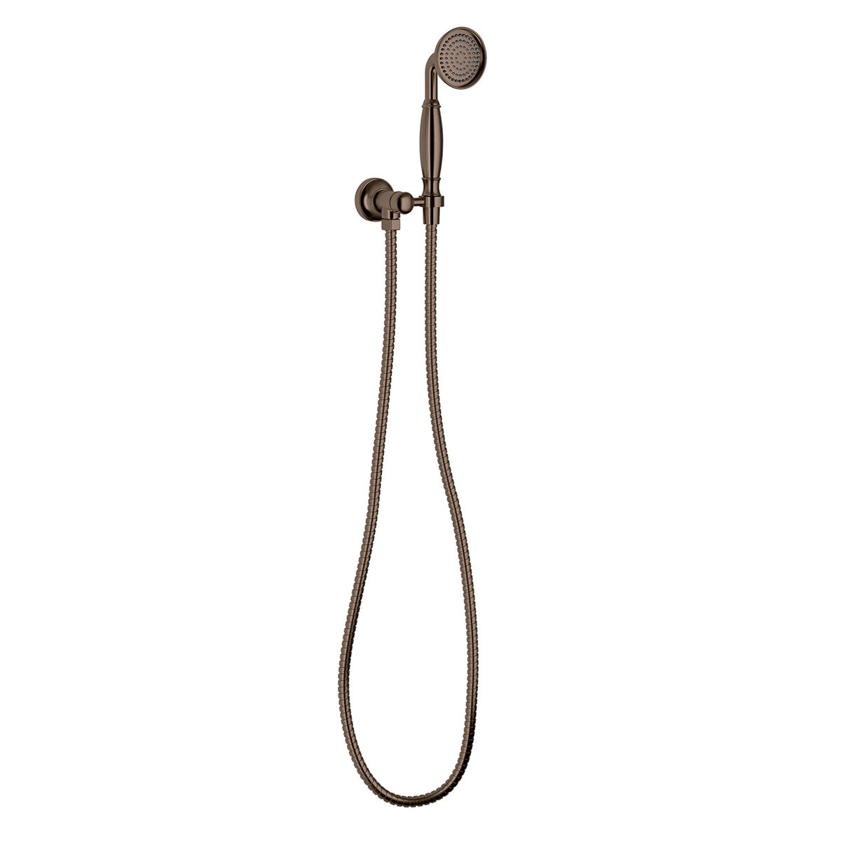 Phoenix Cromford hand shower in brushed bronze with hose and wall bracket on a white background
