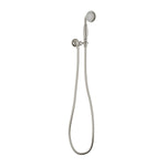 Phoenix Cromford hand shower in brushed nickel with wall bracket and hose, shown front on against white background