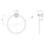 Phoenix Cromford hand towel holder brushed gold technical drawing, round wall-mounted ring, front and side views with dimensions