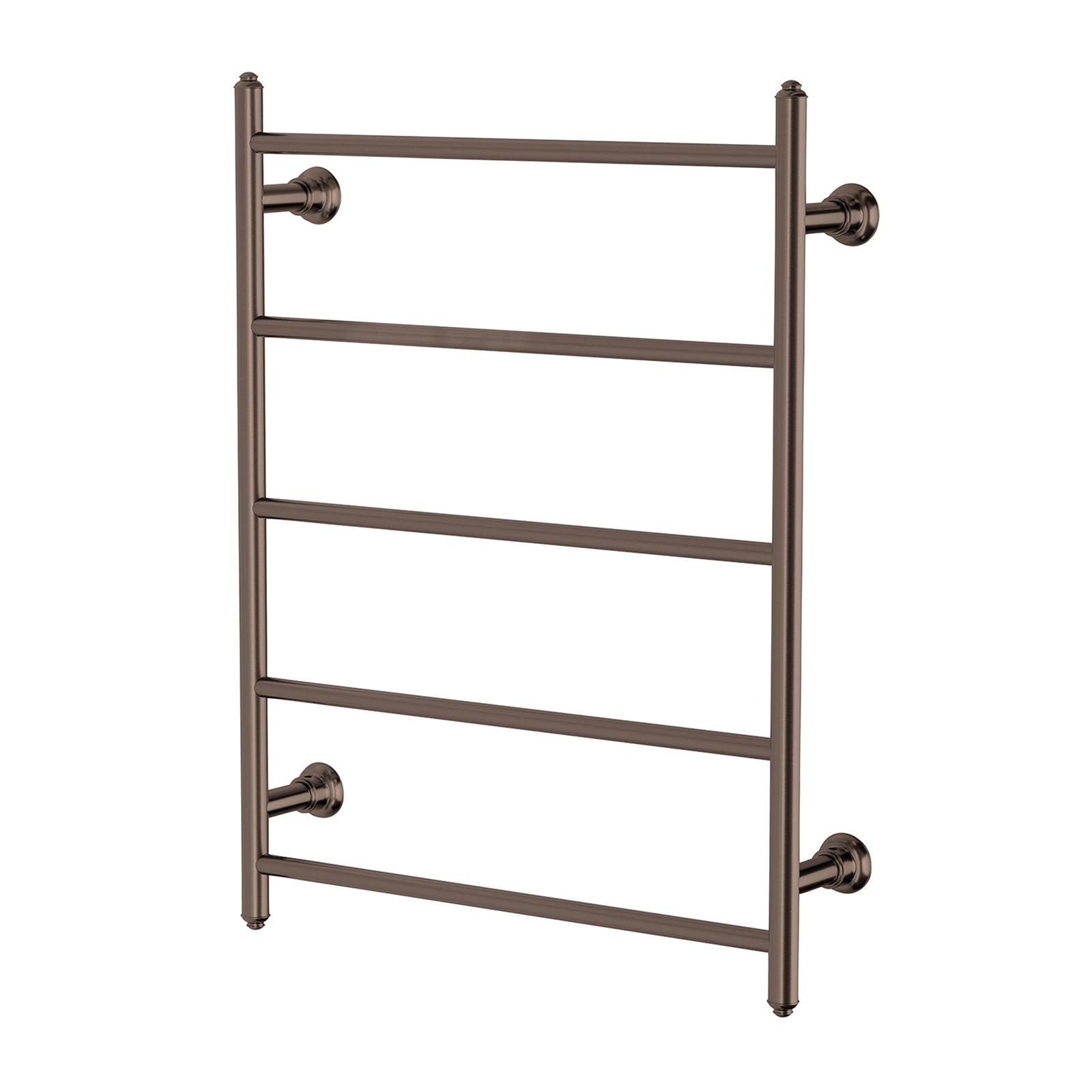 Phoenix Cromford heated towel ladder in brushed bronze, with five round bars on a wall-mounted front view.