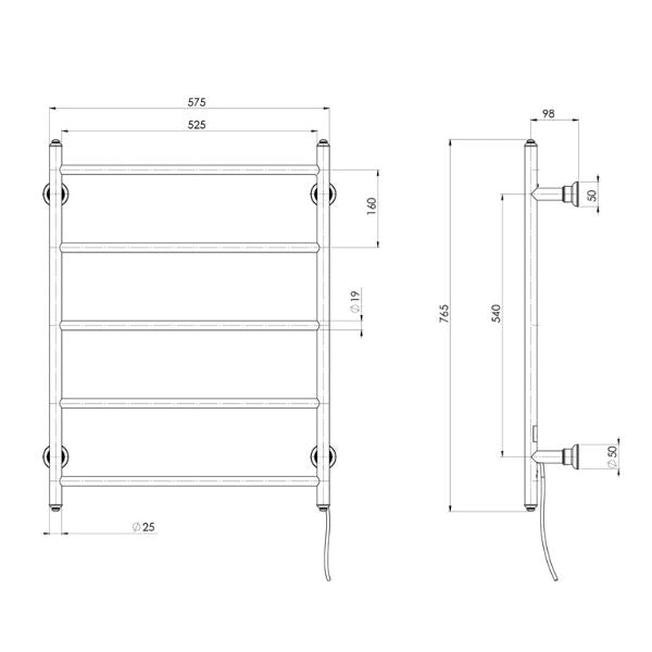 Phoenix Cromford heated towel ladder technical drawing in brushed gold, 550mm, front and side views with dimensions