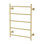 Phoenix Cromford heated towel ladder, brushed gold, 5-bar round rail, wall-mounted front view on white background