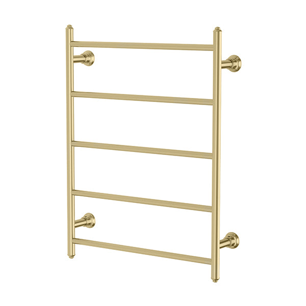 Phoenix Cromford heated towel ladder, brushed gold, 5-bar round rail, wall-mounted front view on white background