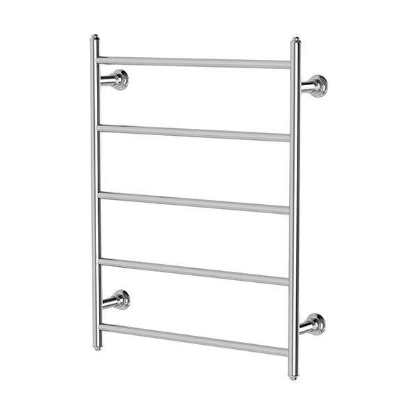 Phoenix Cromford heated towel ladder in chrome, 5-bar round rail, front view on white background
