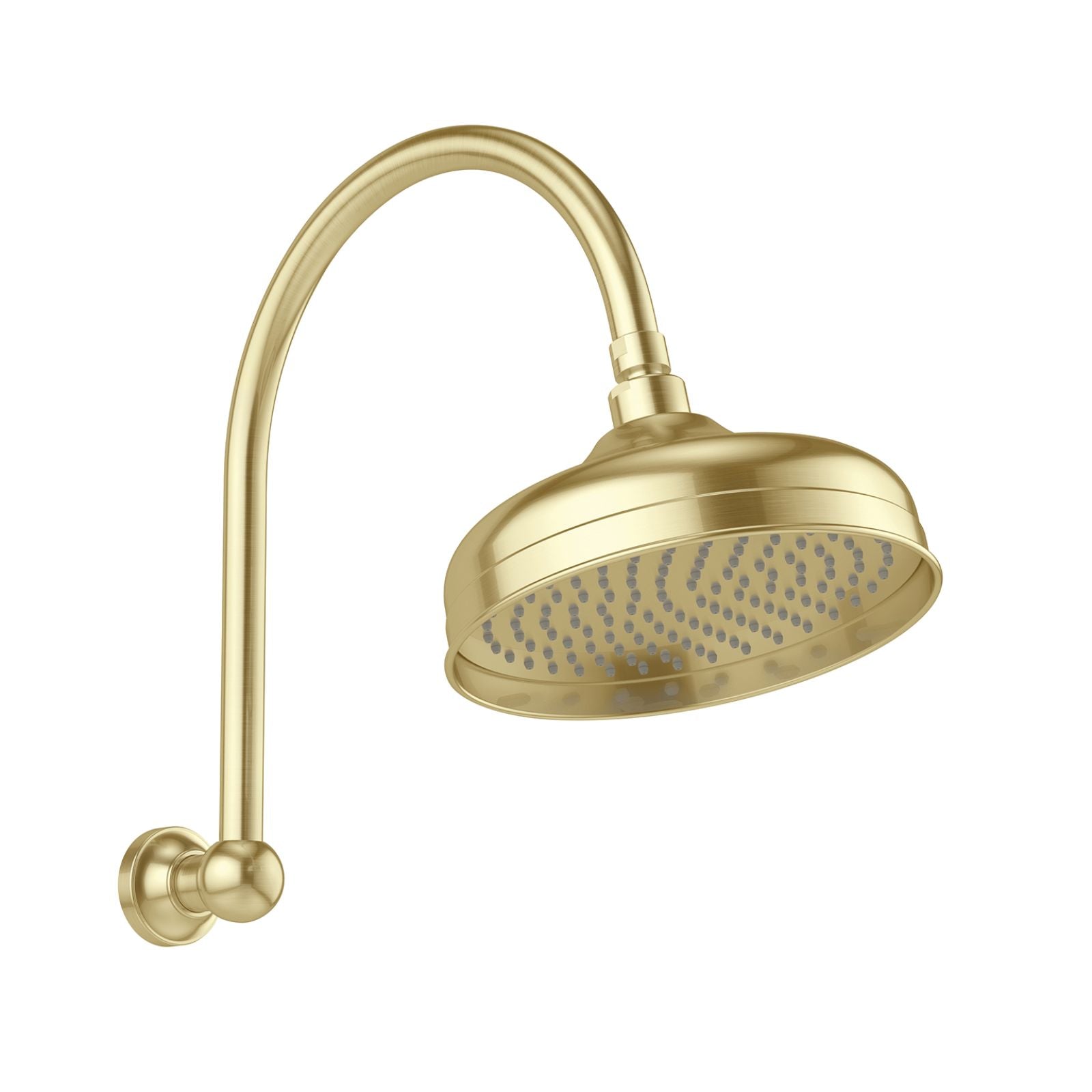 Phoenix Cromford high rise shower arm and rose in brushed gold, wall mounted with round shower head on white background