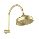 Phoenix Cromford high rise shower arm and rose in brushed gold, wall mounted with round shower head on white background