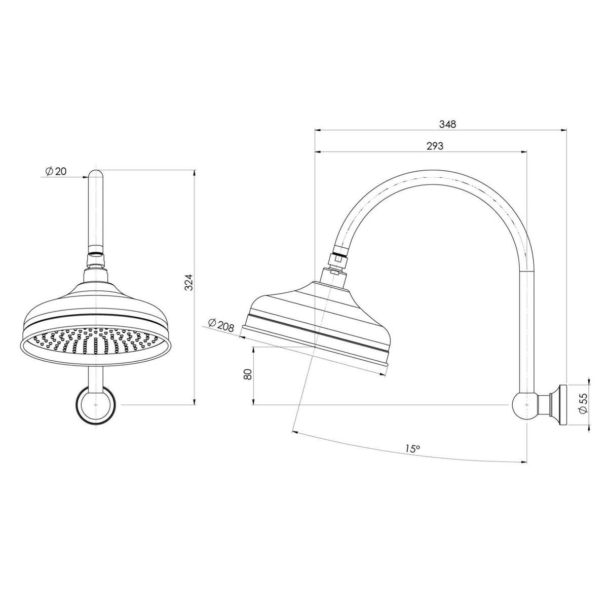 Phoenix Cromford shower arm and rose technical drawing, brushed gold round wall shower head with dimensions and adjustable angle