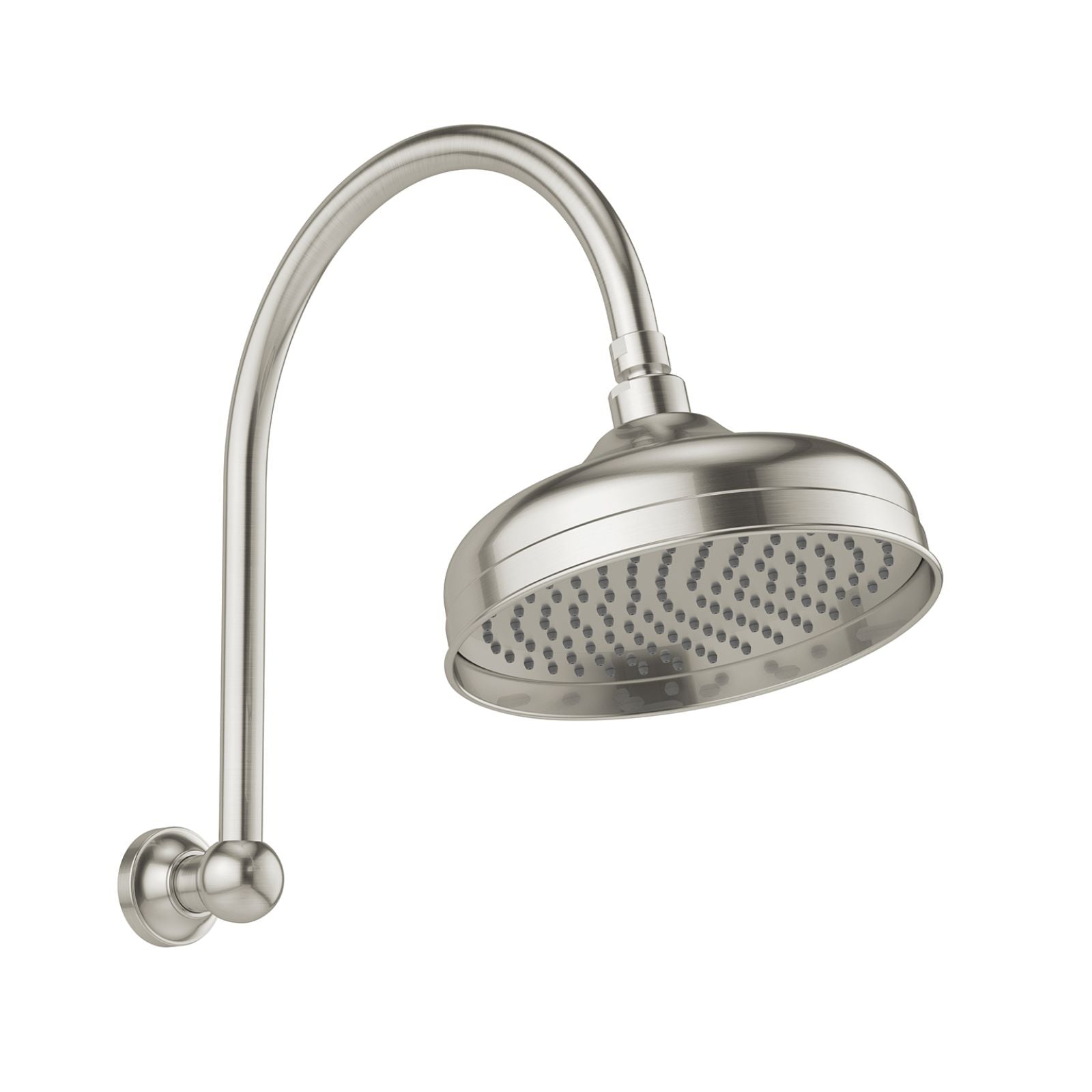 Phoenix Cromford high rise shower arm and rose in brushed nickel, wall-mounted round shower head with curved arm