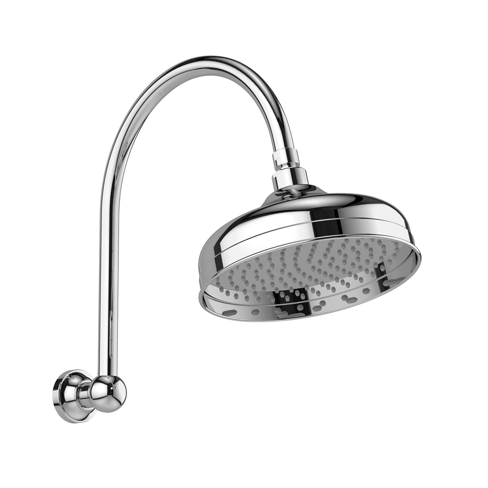 Phoenix Cromford high rise shower arm and rose in chrome, with round wall-mounted shower head on curved arm.