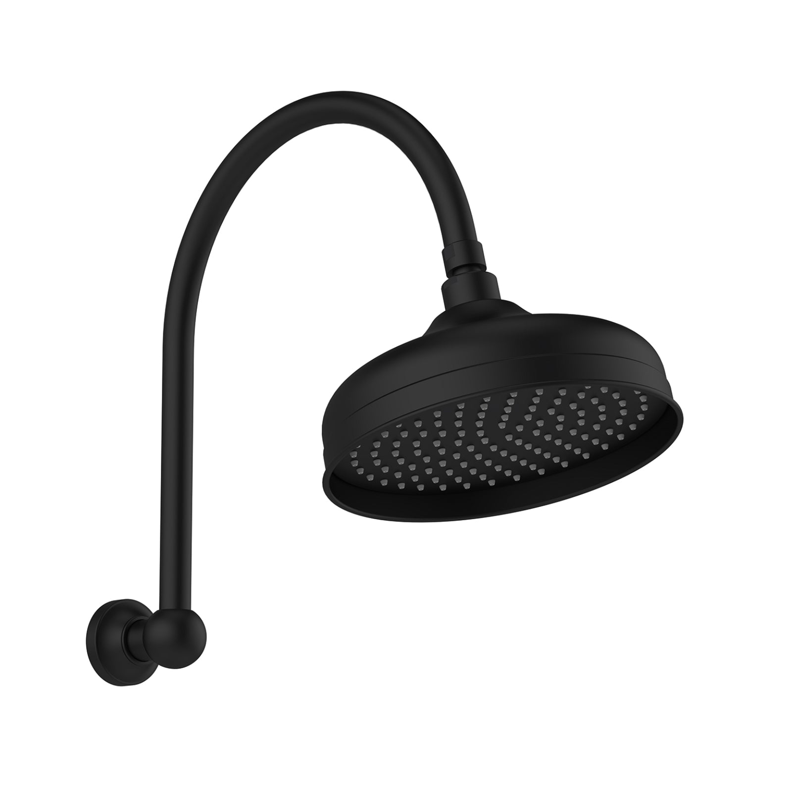 Phoenix Cromford high-rise shower arm and rose in matte black, wall-mounted with round shower head for overhead showering