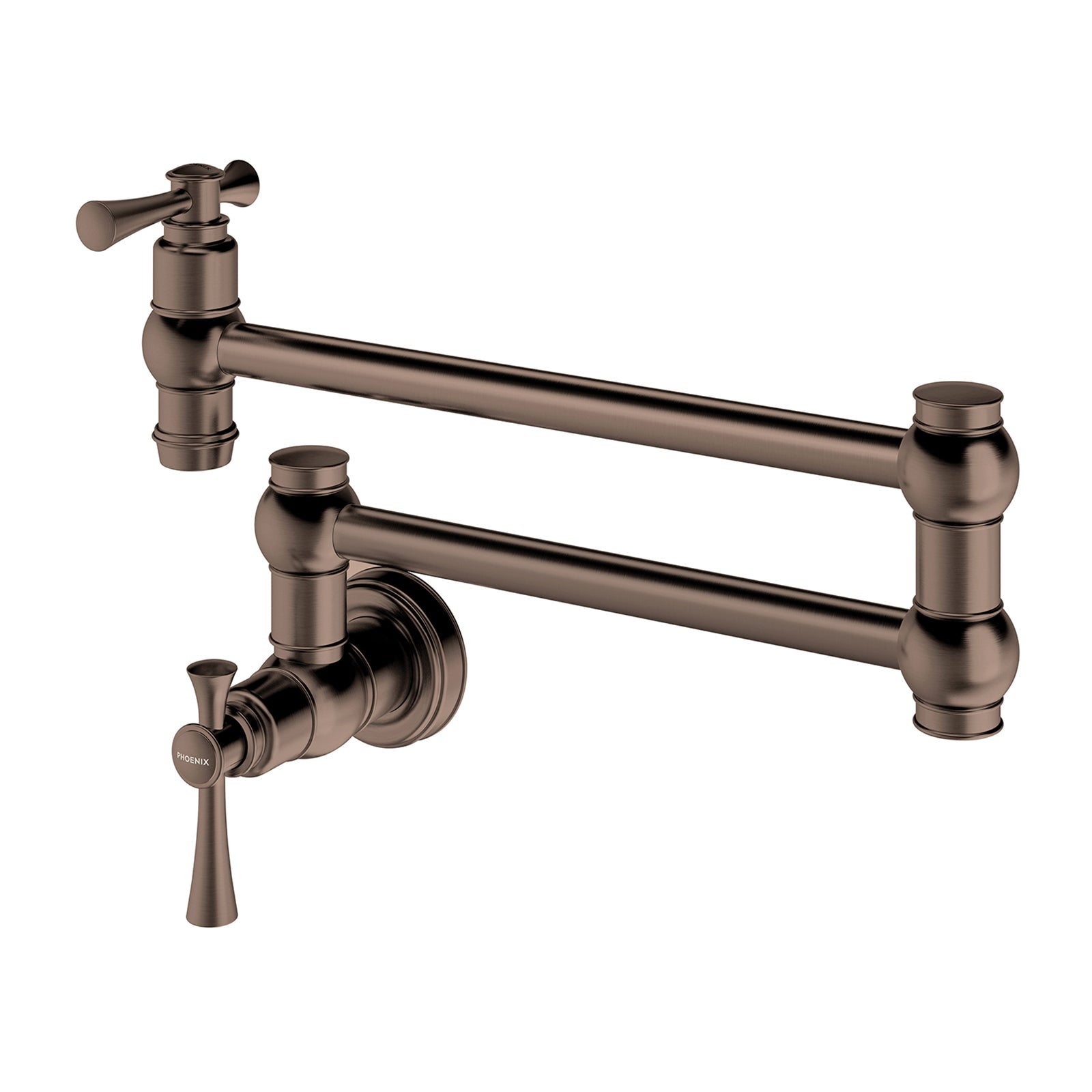 Phoenix Cromford wall-mounted pot filler tap in brushed bronze with fold-out dual arms on white background