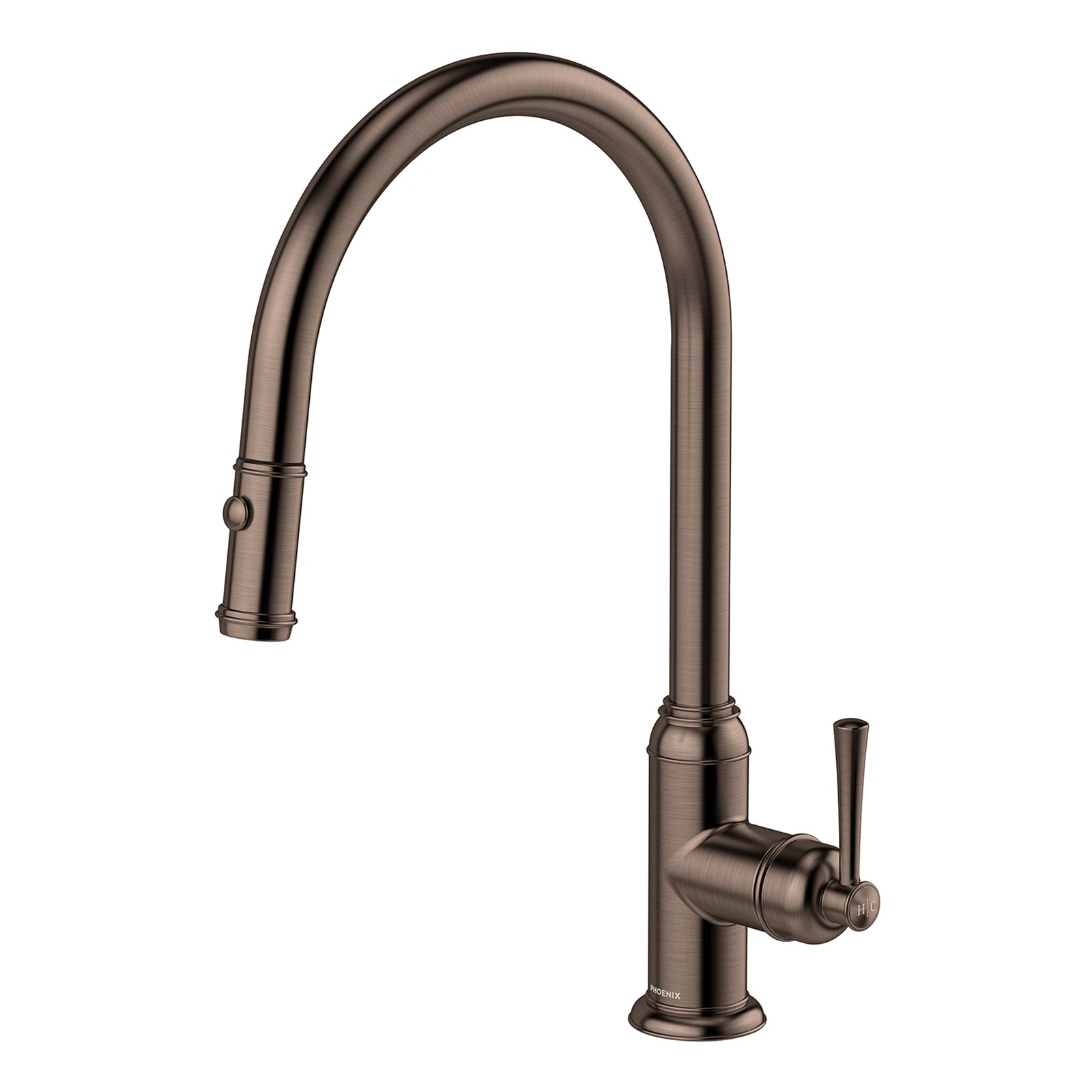 Phoenix Cromford pull-out sink mixer in brushed bronze, shown on white background with tall curved spout and side lever