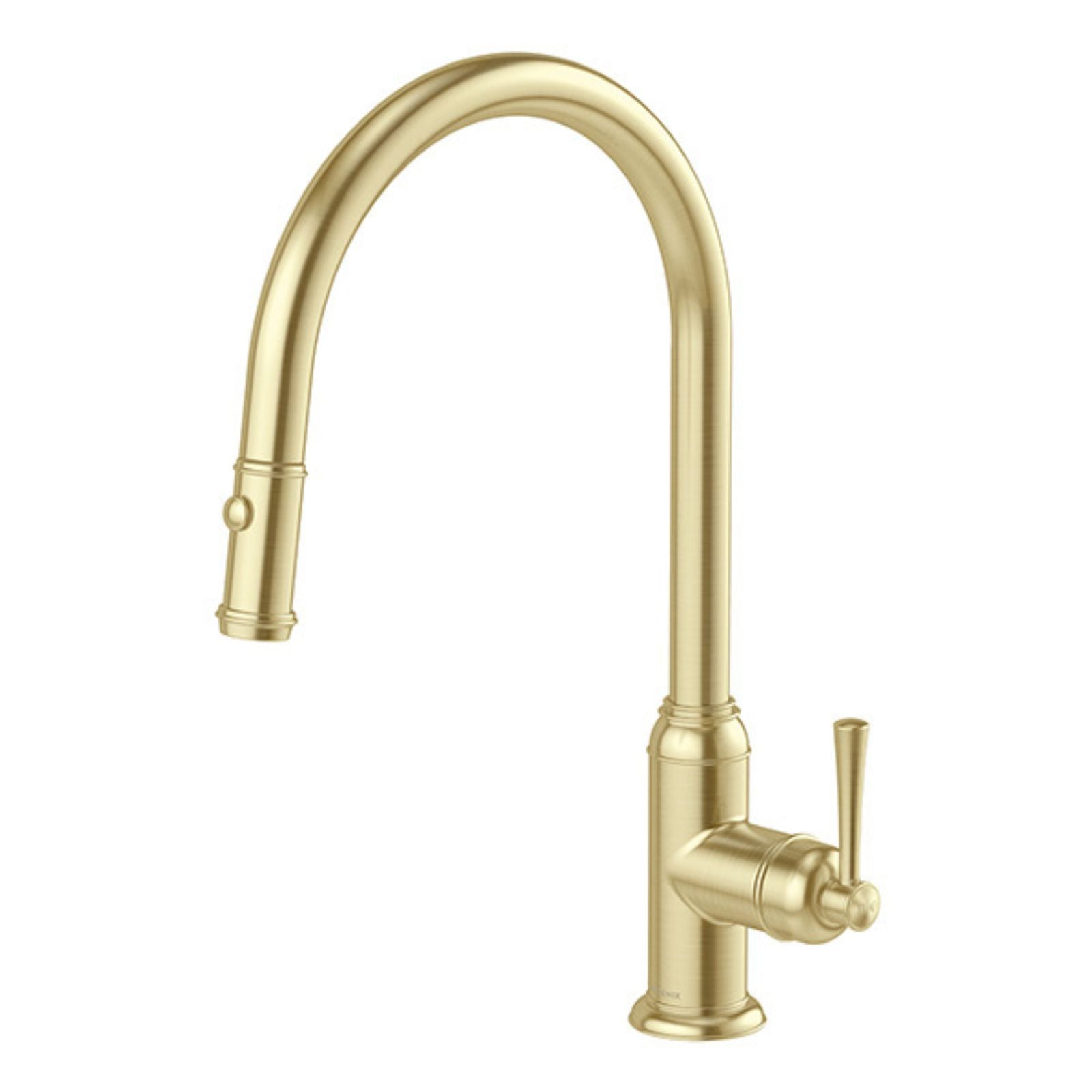 Phoenix Cromford pull out sink mixer in brushed gold, with high arched swivel spout and side lever handle