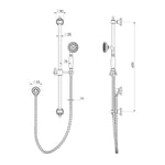 Phoenix Cromford rail shower in chrome, shown as a technical drawing with front and side views and measurements