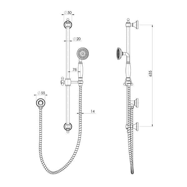Phoenix Cromford rail shower in chrome, shown as a technical drawing with front and side views and measurements