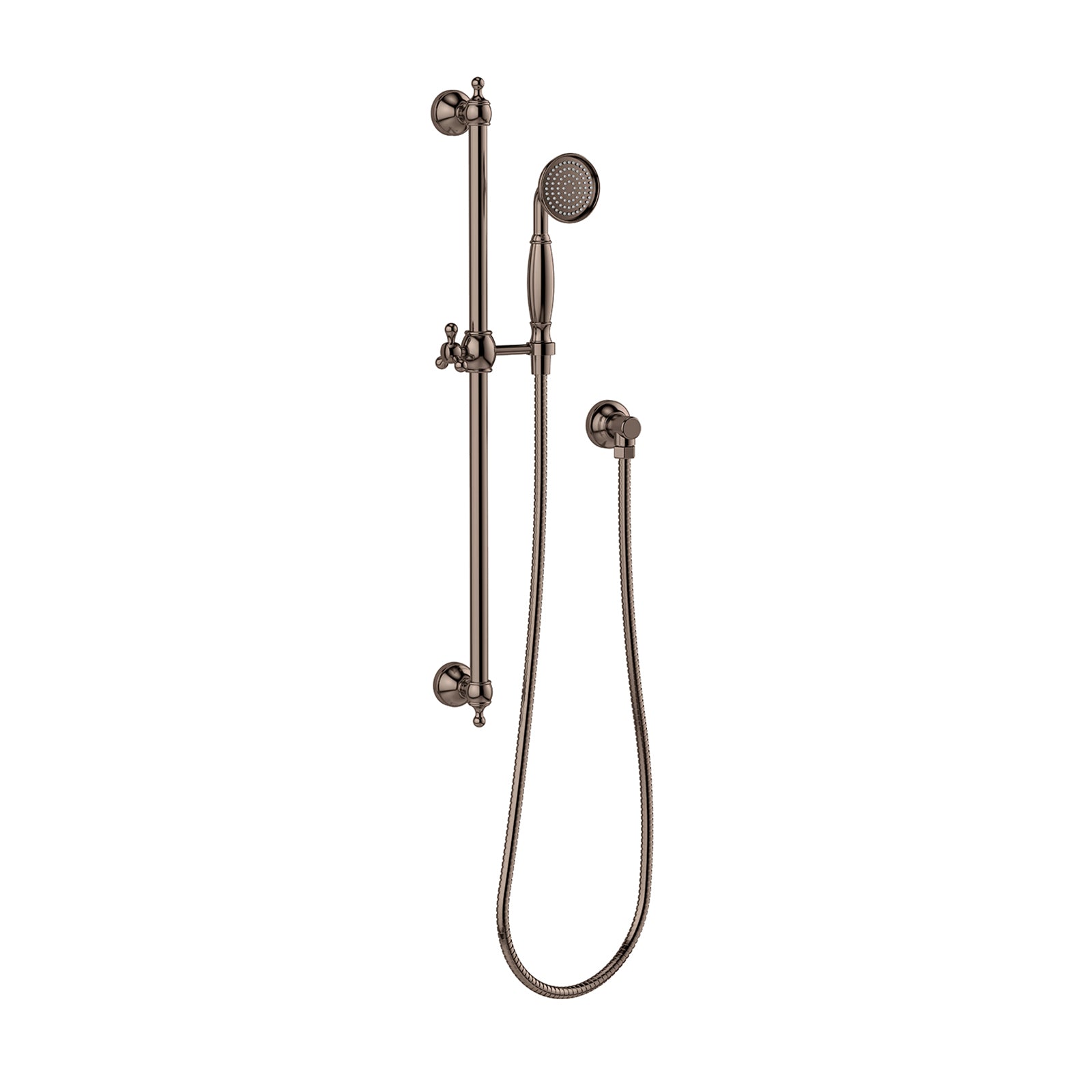 Phoenix Cromford rail shower in brushed bronze with handheld shower, wall-mounted rail and flexible hose