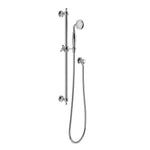Phoenix Cromford chrome rail shower set with handpiece, hose and slide rail, shown front on against white background