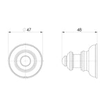 Phoenix Cromford chrome robe hook technical drawing, front and side views with 47mm width and 48mm projection dimensions