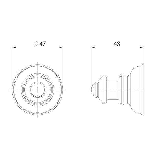 Phoenix Cromford chrome robe hook technical drawing, front and side views with 47mm width and 48mm projection dimensions