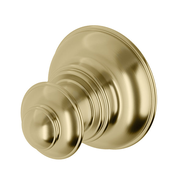 Phoenix Cromford brushed gold robe hook, round wall-mounted bathroom accessory on white background
