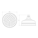 Phoenix Cromford shower rose technical drawing, round brushed nickel shower head with dimensions shown